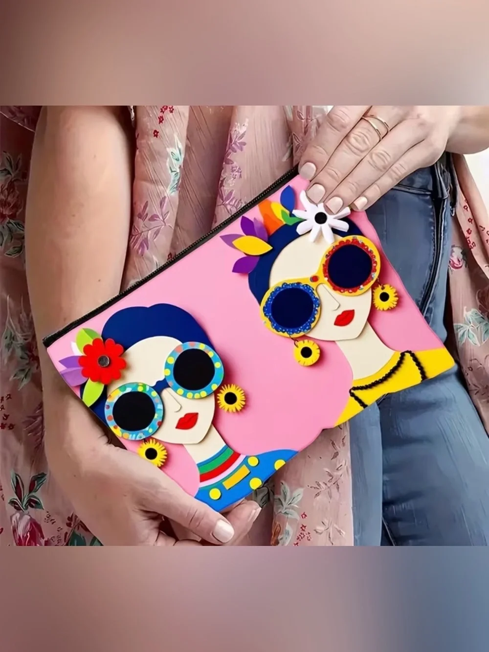 Colorful Frida-Inspired Pink Makeup Bag